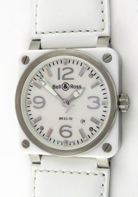 Bell Ross Mens White Ceramic Plate Under Steel Bezel Watch BR03-92-SC